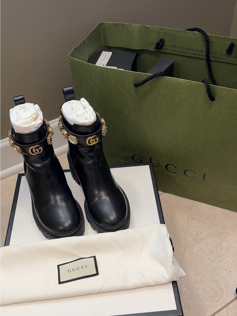 Gucci Black Leather Ankle Boots with Gold GG Buckle and Jewel Accents